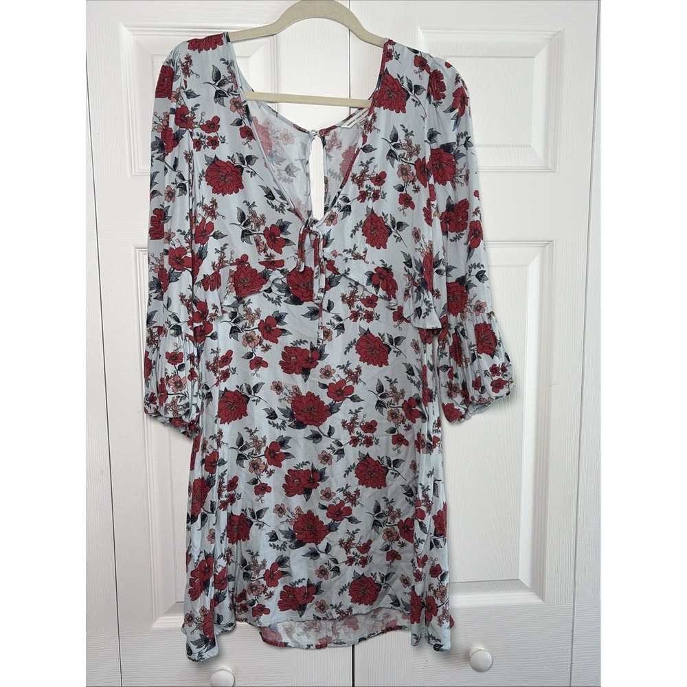 American Eagle Floral Mini Dress Womens Size M‎ Blue Red Boho Bell Sleeve Ruffle